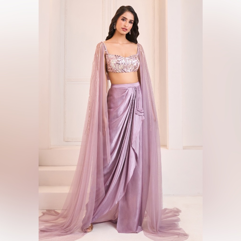 Lavender Embellished Crop Top and Skirt Set (Aza Fashions Lehenga)